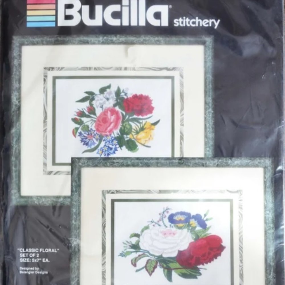 Vintage BUCILLA Stitchery Embroidery Kit 2 pc set Floral Printed Cloth 5" x 7"